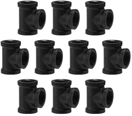 Tee DN15 DN15 in Tee nero filettato per tubo in ferro malleabile per scaffale Steampunk Vintage fai da te idraulico per tubo decorazione mobili (10, nero verniciato 1/2