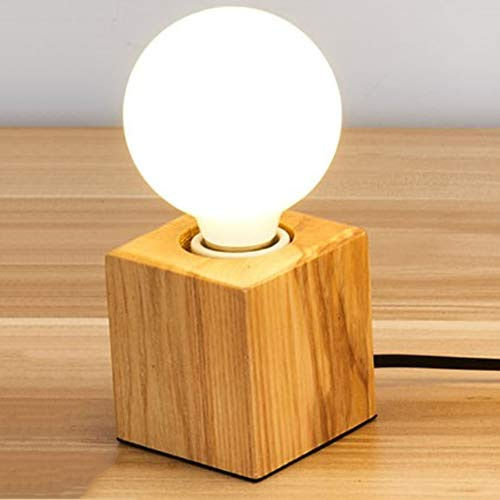 Holz-Würfel Tischleuchte, 7 x 7 x 8 cm,E27 Fassung,1,8 m Kabel mit Schalter,max.60W, Dekoleuchte für Edison retro industrial,Verwendet in Schlafzimmer,Wohnzimmer,Studio,Café, Bar.(Ohne Lichtquelle)