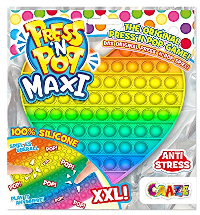 CRAZE PressNPop Herz Press N POP Maxi XXL Fidget Toy sensorisches Anti Stress Spielzeug für Kinder Erwachsene Bubble Set Herzform Bunte Motive 37454, wunderschöne Farbkombinationen
