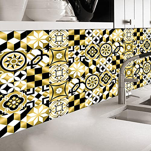 Mosaic Tiles Arts and Crafts Rose Gold Black Stick on Tiles Kitchen Tile Transfers Stickers Peel and Stick Wall Tiles for Bathroom Vinyl Home Decoration 10P 20cm x 20cm (8in x 8in)