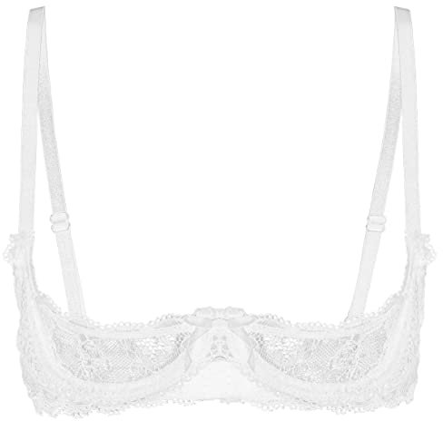 Jugaoge Women Quarter Cups Lace Floral Lingerie Bra Top See Through Underwire Unlined Shelf Bra White S