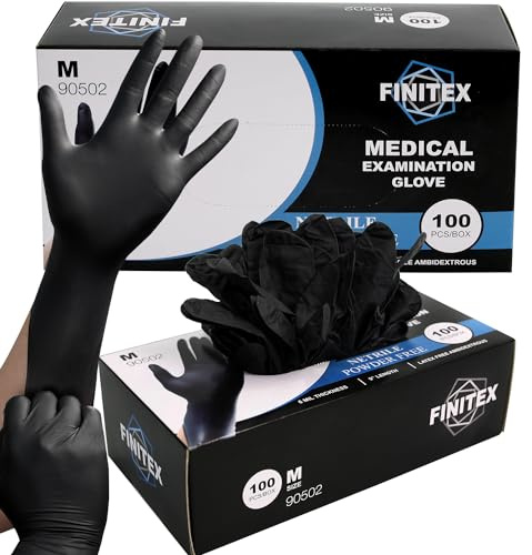 FINITEX Black Nitrile Disposable Medical Exam Gloves - Box of 100 PCS 6mil Gloves Powder-Free Latex-Free For Examination Home Cleaning Food Gloves (Medium)