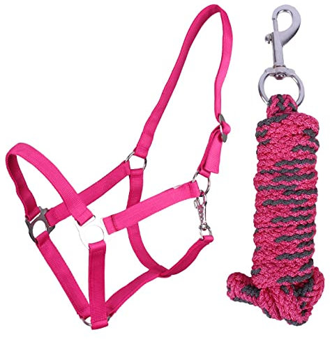 QHP Halfter-Set Beginner Halfter + Führstrick Karabinerhaken verstellbar (Shetty, Fuchsia)