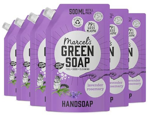 Marcel's Green Soap - Handseife Nachfüllpack Lavendel & Rosmarin - Flüssigseife Spender Nachfüllpack - 100% Umweltfreundlich - 100% Vegan - 6er-Pack - 500 ml
