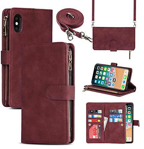 Cavor Coque Compatible avec iPhone X/XS Etui avec Cordon,Flip Portefeuille Étui Cuir,[9 Porte Cartes][Double Boucle],Protection Housse Etui Compatible avec iPhone X/XS/10 - Rouge