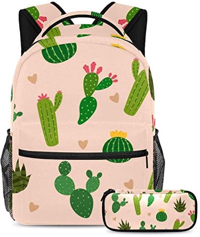 Viele Kaktus mit Mini-Herz auf Hintergrund, Schulranzen-Set für Teenager, Mädchen, Jungen, Kinder, Studenten-Büchertasche, Rucksack mit Federmäppchen für Primär Sekundär Junior