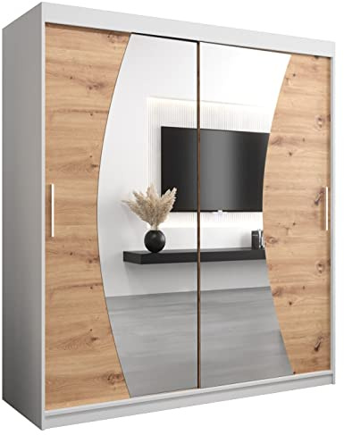 MEBLE KRYSPOL Wave 180 Schlafzimmerschrank mit Zwei Schiebetüren, Spiegel, Kleiderstange und Regalen – 180x200x62cm - Mattweiß + Artisan