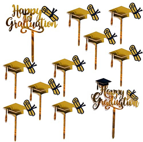 Houhounb Graduation Cake Toppers Geburtstagskuchen Acryl Deko 2 Happy Graduation Cake Topper und 9 Graduation Hat Dekoration für Abschluss Tortenaufsatz Abschluss Aufkleber，Golden