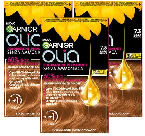 Garnier Olia, Permanente Haarfarbe ohne Ammoniak, mit natürlichen Blütenölen für eine aufhellende und nährende Wirkung, Farbe 7.3 Goldblond - 3 Packungen