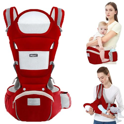 TOFFCAEA 6-in-1 Babytrage Neugeborene, Babytrage Ergonomische Reine Baumwolle Leicht, verstellbarer Sitz, für Neugeborene von 3 bis 36 Monate (3,5 bis 20 kg)(Rot Taillenumfang 71-118cm)