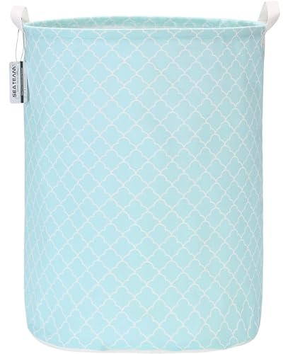 Sea Team 19,7 Zoll großer, wasserdichter, beschichteter Ramie-Baumwollstoff, zusammenklappbarer Wäschekorb, zylindrischer Sackleinen-Aufbewahrungskorb mit stilvollem Wolken-Babyblau-Design