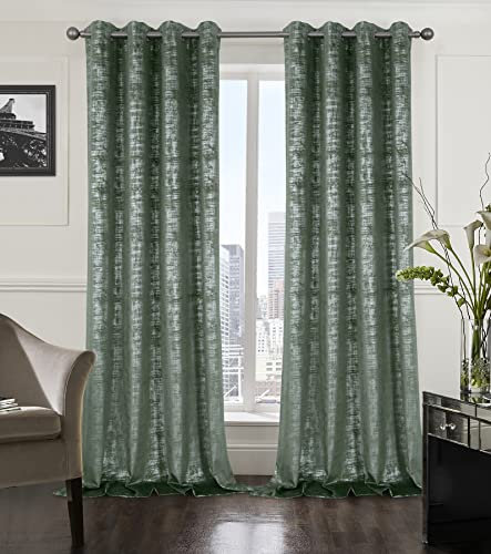 always4u 100% Blickdichte Gardinen, Samtvorhang mit Silberdruck für Wohnzimmer Schlafzimmer Balkon,Wärmeisolierende Verdunklungsvorhänge mit Ösen, Glänzend Elegant, Salbeigrün 2er Set 140x245cm