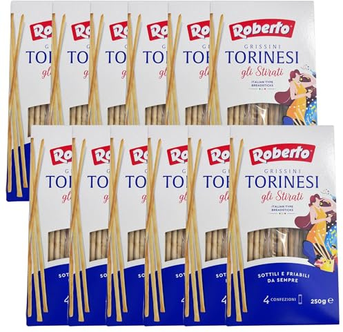 Roberto Grissini Torinesi 12x250g Beutel | ultra-dünne Brotstangen | als Snack, Beilage oder im Büro | auch perfekt zu Käse- oder Salamiplatten