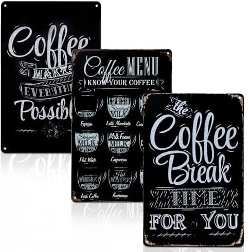 HMIEPRS 3Pcs Vintage Metal Tin Sign, Retro Coffee Sign Plague Poster, Coffee Menu Signs Wall Art Decor, Metal Tin Painting Signs for Cafe Pub Bar Club Home Decorations, 12 x 8 inch (Black+White)