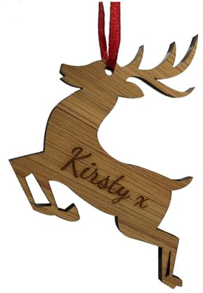 Personalised Bamboo Reindeer Christmas Ornament - Tree Hanging Decoration Engraved with Any Name
