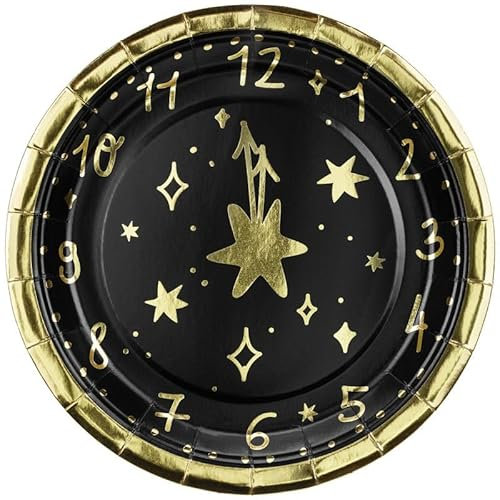 PartyDeco 6 assiettes Nouvel An Noir Or Horloge