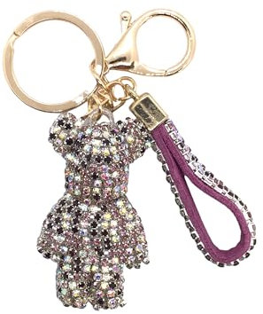 Steinfixx® Edler Glitzerbär Schlüsselanhänger mit Ring und Lederschlaufe | luxuriöses Geschenk | Cartoon | Strass (lila)