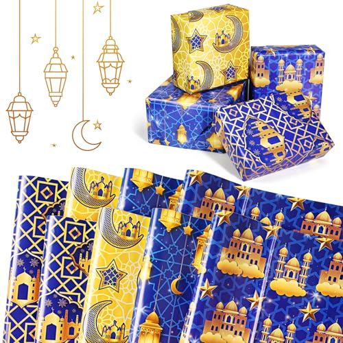 Sinmoe 12 Blatt Eid Geschenkpapier 68,58 x 50,8 cm Eid Mubarak Geschenkpapier 4 Stile DIY Ramadan Blau und Gold Ramadan Geschenkpapier mit Mond Stern für Islamische Muslimische Kunst Dekorationen