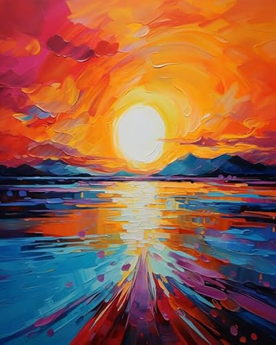 Malen-nach-Zahlen-Set für Erwachsene,Abstrakter Sonnenuntergang mit buntem Horizont,Eine Symphonie aus Farben in Pixelform erschaffen,40x50cm,Ohne Rahmen
