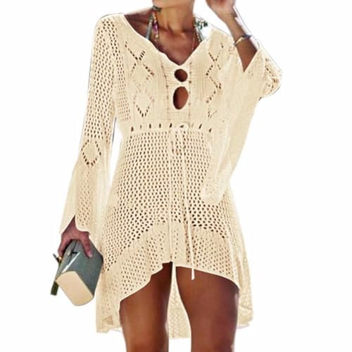 Jinsha Vestiti-Abito Sexy-Copri Costumei-da Spiaggia - Woman Dress Scollo a V-Collo Maglia Uncinetto Camicia Boho Pareo Top Tunica Cover up da Spiaggia Bikini Beach Bagno Mare Estivo Donna Beige