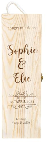EDSG Personalised Wine Box Wooden Gift Box for Wedding Anniversary Engagement Engraved Wedding Couples Gifts Custom Wine Wooden Gift Boxes Red Wine Holder Champagne Bottle Boxes(Design 1)