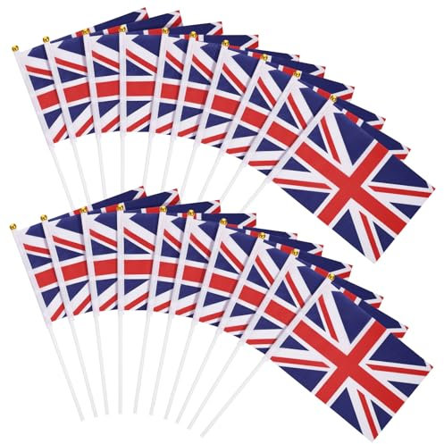 Garneck Paquete de 50 banderas ondeantes de la bandera del Reino Unido: mini banderas en palos, rojo, blanco y azul, 8.25 x 5.50 x 0.04 pulgadas (21.00 x 14.00 x 0.10 cm), perfectas para vacaciones