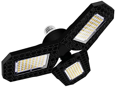 LED Deformationslampe 60w 85-265v E27 Dreiflügelig Faltbar für Garage | Garagenbeleuchtung mit E27 Lampenhalter, 90 Grad Je Flügel Verstellbar, PC Gehäuse, Weiß Schwarz