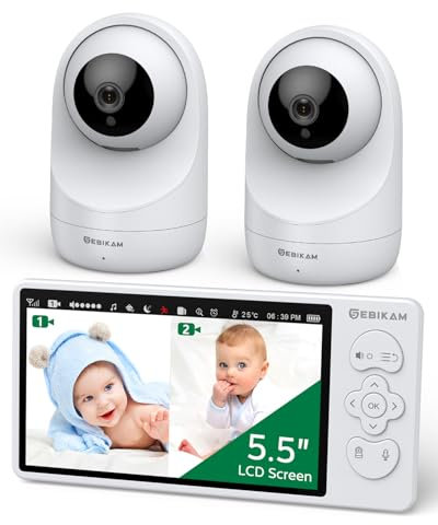Sebikam Babyphone avec 2 Caméras 5,5 720P HD IPS Écran Vidéo Moniteur Bébé, Batterie de 4000mAh, PTZ 355°, Mode VOX, Vision Nocturne, Communication Bidirectionnelle, Capteur de Température, Berceuses