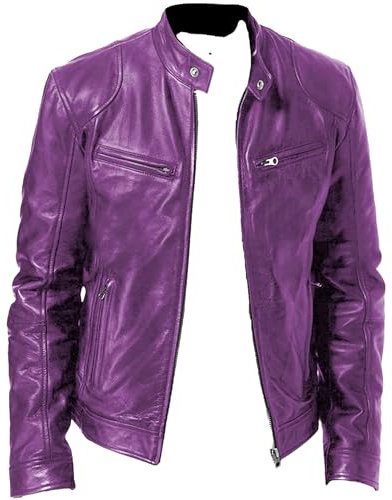 Giacca da motociclista in pelle da uomo slim corta con colletto alla coreana giacche giacca in pelle con cerniera, Viola, XXL