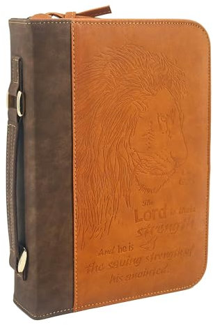 GraduatePro Étui de bible moyen en cuir avec poignée zippée pour homme et femme, sac à livres, église, étude, durable, motif lion marron