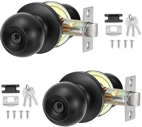 PATIKIL Round Key Entry Door Knobs Interior, 2 Pack Round Stainless Steel Bedroom Bathroom Door Knob with Lock Entry Indoor Outdoor Door, Black