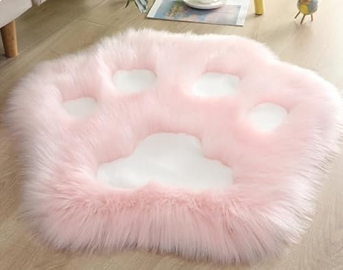 YUGWNN Niedlicher Teppich Katzenpfoten,Faux Lammfell Schaffell Teppich,Weicher Fell Carpet,Schlafzimmer Kinderzimmer Deko Langflor Teppiche,140x140cm/55x55in,Rosa Und Weiß
