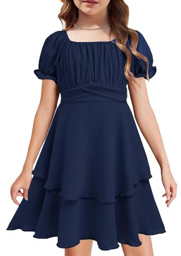 Arshiner Kleider für Mädchen Sommerkleider Kurzarm Chiffonkleid Blau Drehkleid Kinder Freizeitkleid Kurz Ballkleider mit Gürtel 11-12 Jahre