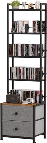 Epouseter CD Storage Rack with Drawers, 6-Tier Wooden Media Organizer, Sturdy Metal Frame, Adjustable Book Stoppers, Fabric Drawers for CDs, DVDs, Books – Space-Saving Shelf, 15.7x11.8x59 Inches
