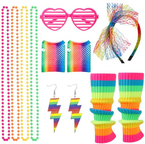 Halinuia Deguisement Annee 80 90 Femme Tenue de Soirée Disco Néon Des Années 90s Halloween Costume Carnaval Accessoire Colliers Lunette Jambières Bandeau Gants en Résille Boucles D'oreilles