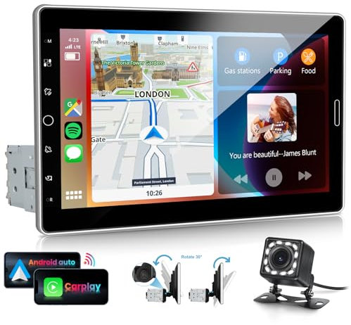 VECHTEL Autoradio 1 Din con Carplay Android Auto senza Fili, 10.1 Pollici HD IPS Schermo Tattile Ruotabile Manualmente Stereo Auto Supporto Bluetooth 5.2 Mirror Link Radio FM/AM 2USB Telecamera