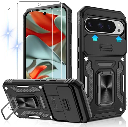 Gritup für Google Pixel 9 Hülle mit verschiebbarem Kameradeckel | 2-Pack HD Bildschirmschutzfolien | 360° drehbarer Metall-Ständer | MIL-STD-zertifizierter Stoßschutz | Schwarz