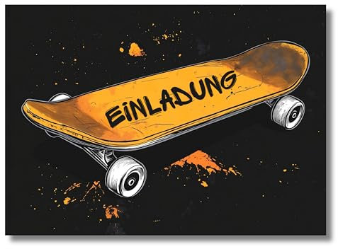HIDEBLOOM Skateboard Einladungskarten Kindergeburtstag Junge und Mädchen - 12 Stück - DIN A6 (10,5 cm x 14,8 cm) - Geburtstagseinladungen - Einladungskarten Graffit- Skateboard