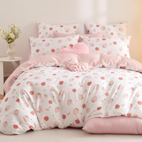 Lanqinglv Bettwäsche 135x200 Rosa Weiß Erdbeeren Herzen Schleifen - Mädchen Kinder Bettwäsche aus Microfaser,ÖKO-TEX Bettwäsche Set - Bettbezug mit Reißverschluss und 1 Kissenbezug 80x80 cm