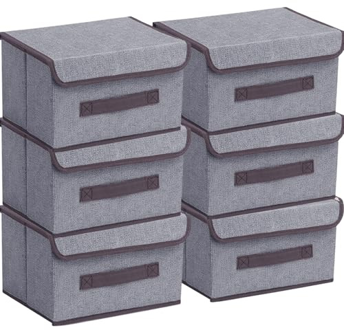 Punklong Storage Boxes with Lids Fabric,6 Pack Collapsible Storage Box,25.5 * 19 * 16cm Foldable Fabric Storage Box with Lid for Wardrobe, Bedroom, Nursery, Office, Toys, clothes (Grey)