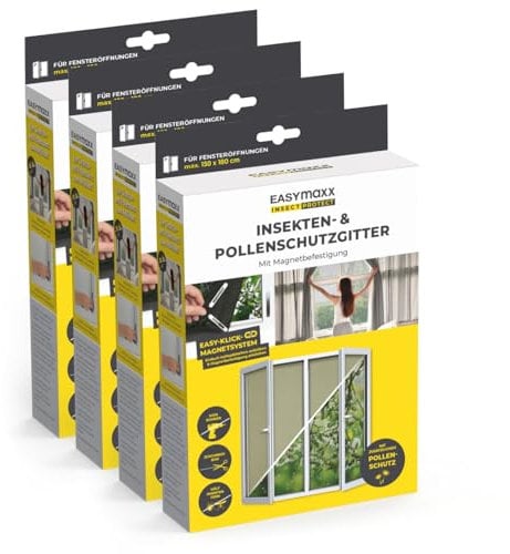EASYmaxx Zanzariera antipolline per finestre con Magic Click | Tagliata su misura per tutte le finestre fino a 150 x 180 cm | Facile installazione con 12 magneti - senza forare o avvitare [4 Pezzi]