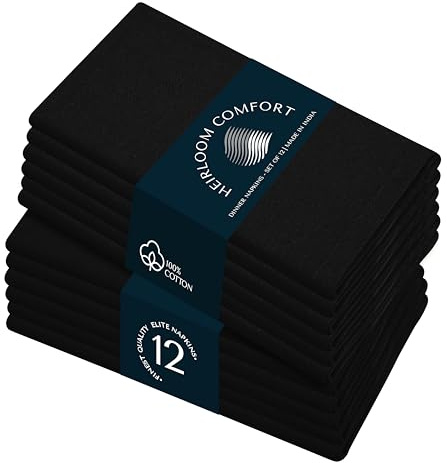 HEIRLOOM COMFORT Schwarze Stoffservietten, 43 x 43 cm, 12 Stück, 100 % Baumwolle, saugfähig, waschbar, wiederverwendbar – perfekte Tischserviette für Sommer, Alltag, Cocktailpartys