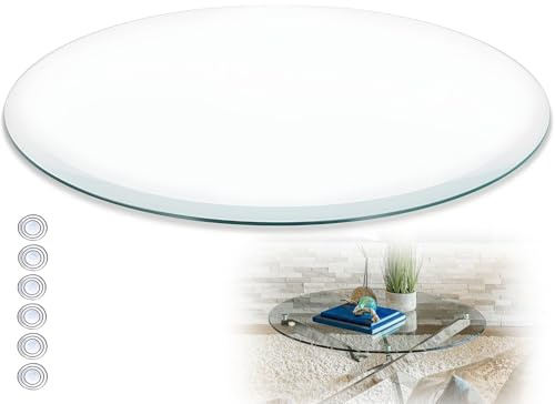 XOBRJQZ Plateau de Table Rond en Verre - Protecteur de Verre Trempé À Bord Plat Poli de 8 Mm D’épaisseur avec Patins Antidérapants(60cm)