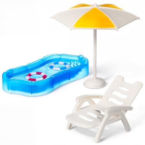 Toyvian Puppenhaus Strand Zubehör Set, Miniatur Pool mit Sonnenschirm Maßstab 1:12 Liegestuhl Schwimmring Deko Set für DIY Garten Außenbereich