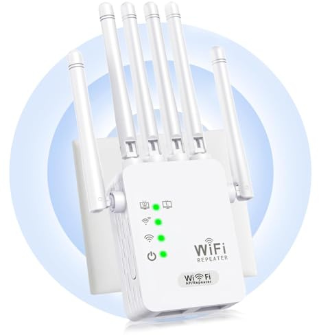 Répéteur WiFi,Amplificateur WiFi,repeteur WiFi Puissant avec 6 Antennes Puissantes,2 Ports LAN,Mode Répéteur & Routeur & AP,repeteur WiFi Exterieur Couverture WiFi de 10 000 m²,Facile à Installer
