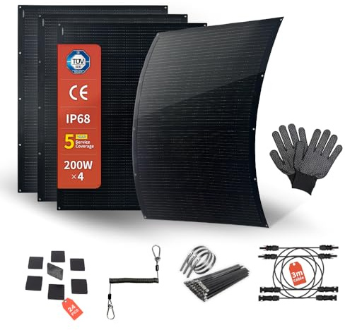 SERAPP SAT-200-F8MP 800W Dünnes Flexibles Solarpanel Set, 4×200W, IP68 | Monokristalline 15,3V Module in mattem Schwarz, je ca. 3kg, mit Montagezubehör und DC-Kabel, 0% MwSt möglich.