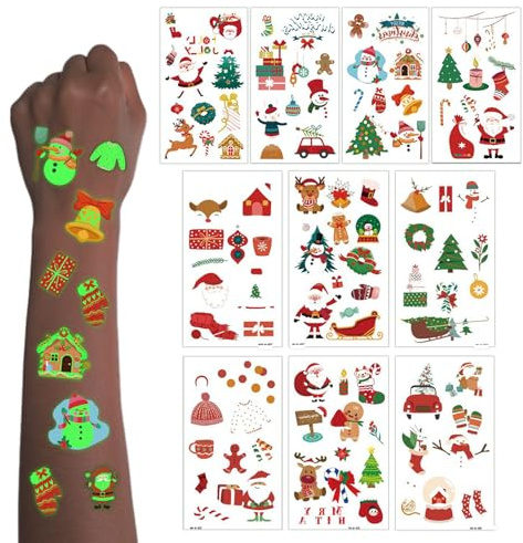 Weihnachten Kinder Tattoo,10 Blatt Leuchttattoos Weihnachtsdeko | Kleinigkeiten für Adventskalender Füllung,Kleine Geschenke Adventskalender Weihnachten Kleinigkeiten