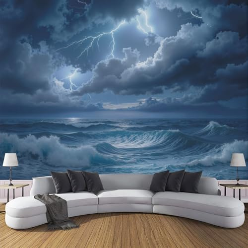 Seide Fototapete Stürmischer Ozean 300x210cm - Fototapeten - Tapeten - für Wohnzimmer Schlafzimmer - Wandtapete Tapete 3D Effekt- Fantasieszenen graublau