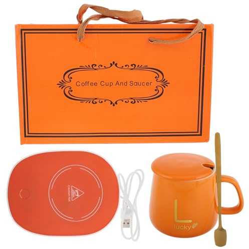 SHINEOFI Elektrischer Tassenwärmer mit Becher Satz USB Betriebener Kaffeebecher aus Keramik mit Deckel und Löffel Automatische Temperaturerhaltung für Schreibtisch und Geschenk