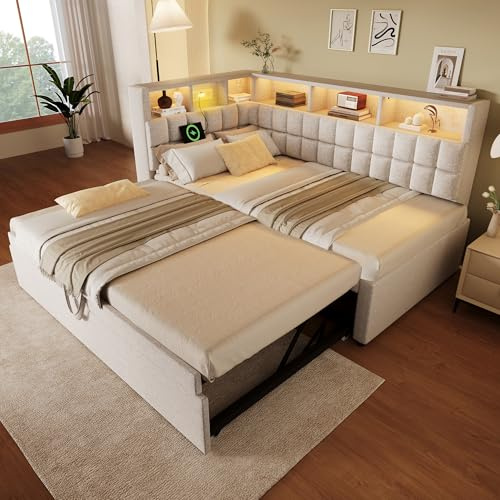 NuvlaGu Leinen Polsterbett 90x200 cm mit Ausziehbett, LED, Bluetooth-Lautsprecher, USB & Type-C Ladeanschluss, L-Kopfteil mit Stauraumregal – Beige, Gästebett, ohne Matratze